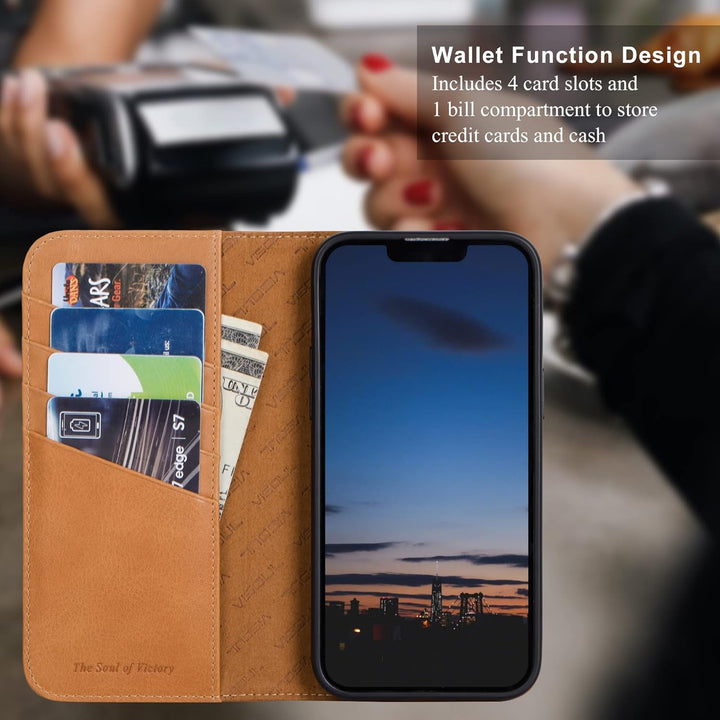 VISOUL iPhone 14 Plus Hülle, Stossfeste Handyhülle [Erstklassiges Rindsleder], TPU Schutzhülle [Kart