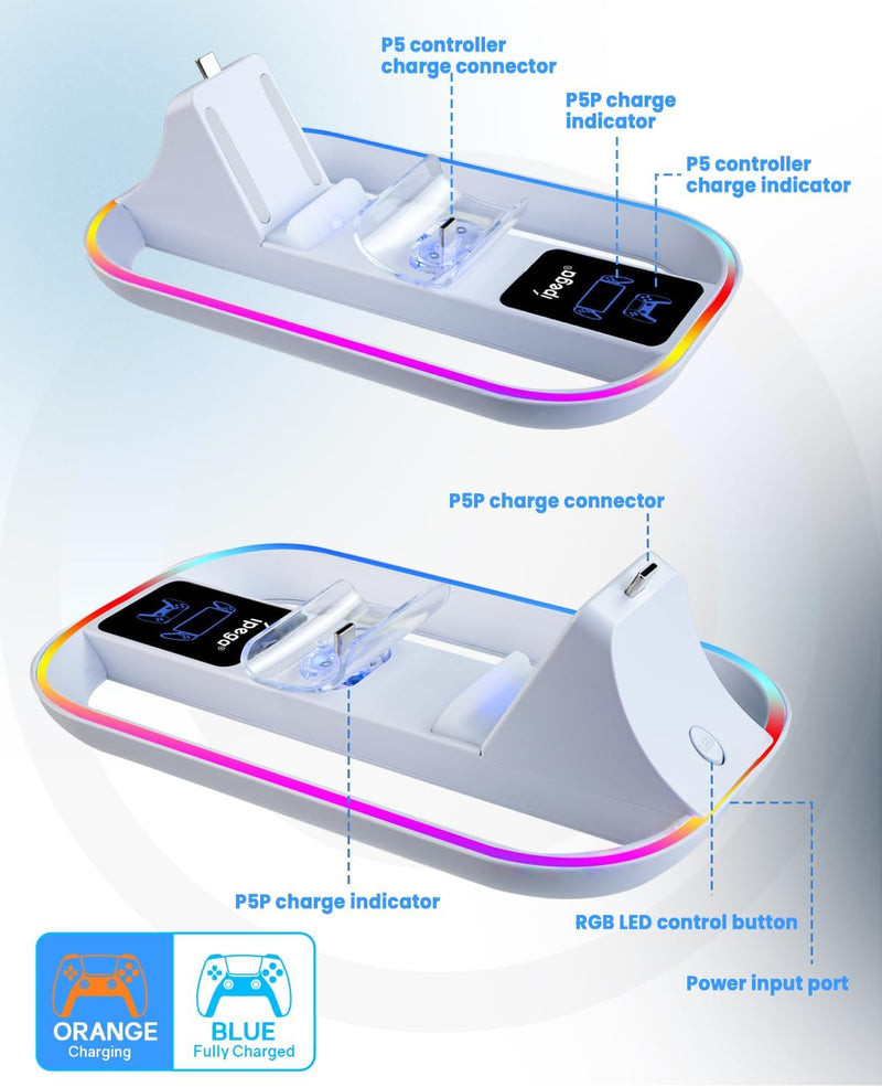 Ladestation für PS Portal und PS5 Controller,Tragbares Ladegerät mit RGB 14 Lichteffekt für PS Porta