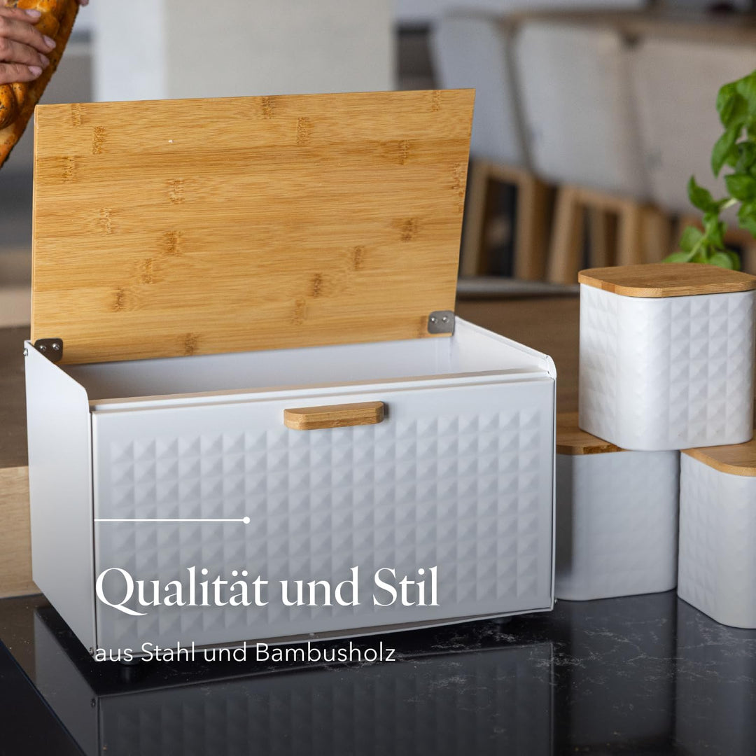 FLORINA Brotkasten inkl. 3-er-Set Aufbewahrungsdosen CUBE I Brotbox aus Stahl und Bambus-Deckel I Ge