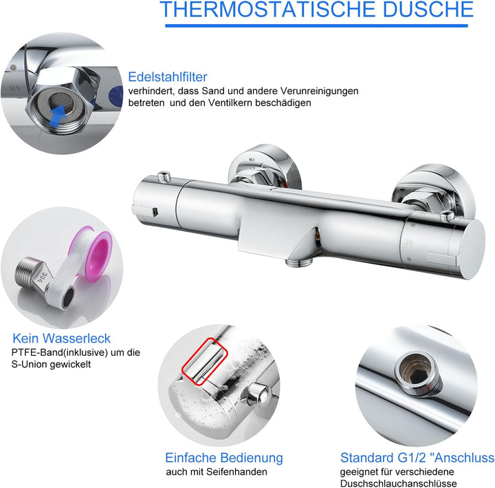 KEOKBON Duscharmatur mit Thermostat Mischbatterie Dusche mit 38 ° C Sicherheitssperre Wasserhahn Bad