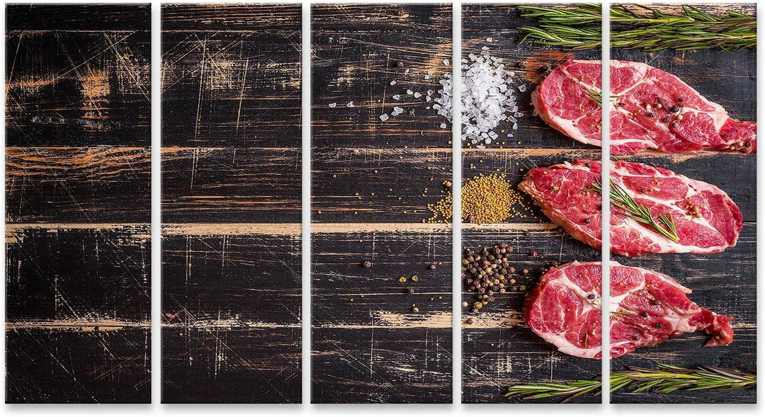 islandburner Bild auf Leinwand Rohes Fleisch Steak Gewürze Auf Dunklem Holzuntergrund Bilder Wandbil