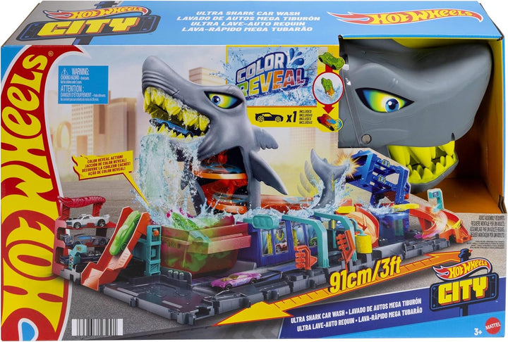 Hot Wheels Let's Race Netflix -City Spielzeugauto-Trackset, Ultimative Hai-Autowaschanlage mit Spiel