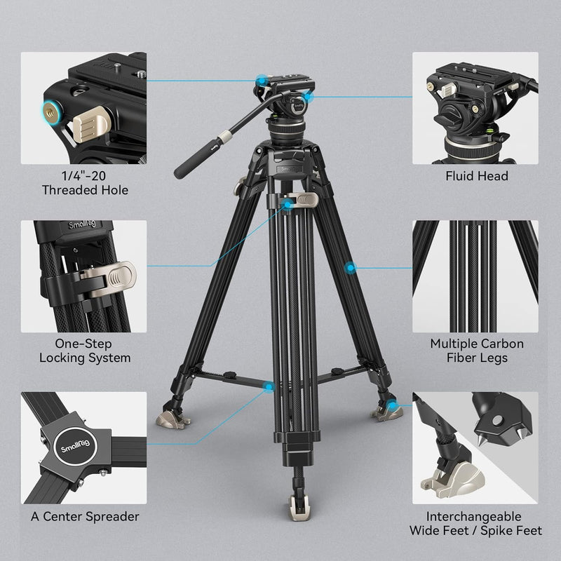 SMALLRIG 78 Zoll Videostativ Heavy Carbon Fiber Tripod, One-Step Locking System, 360°-Fluidkopf und