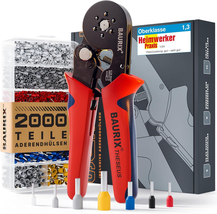 BAURIX® Sechskant Crimpzange mit 2000 Aderendhülsen Set I Aderendhülsenzange selbsteinstellend [Für