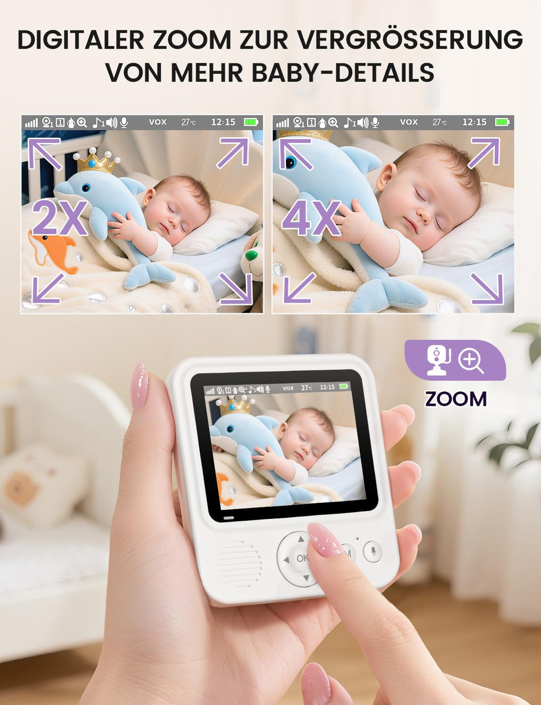OBVHNUA Baby Monitor Video und Audio 2,8 Zoll 720P LCD IPS 2000mAh USB-C Baby Phone mit digitalem Zo