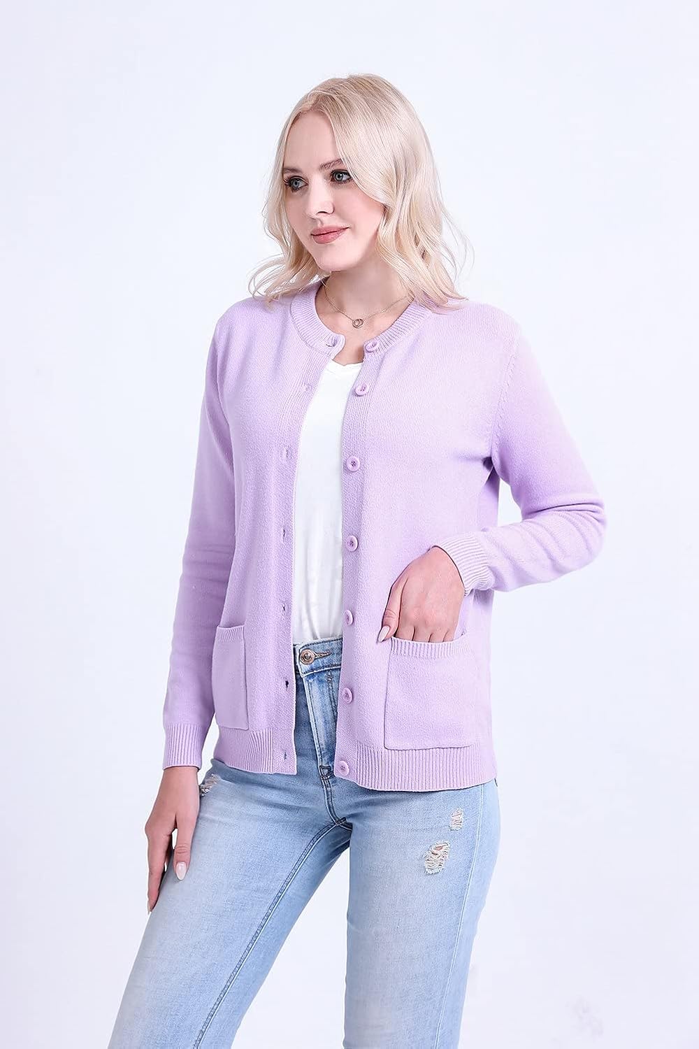 SMILING PINKER Damen Strickjacke Langarm Cardigan Warm Rundhals Strickweste Jacke mit Knopfleiste un