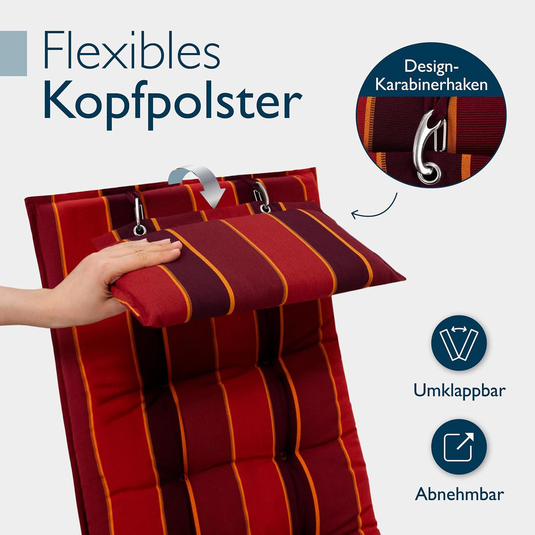 Beautissu 4er Set Premium Hochlehner Auflage mit Kopfpolster 120x50cm Sun-HL – 8cm Dick Polster Gart