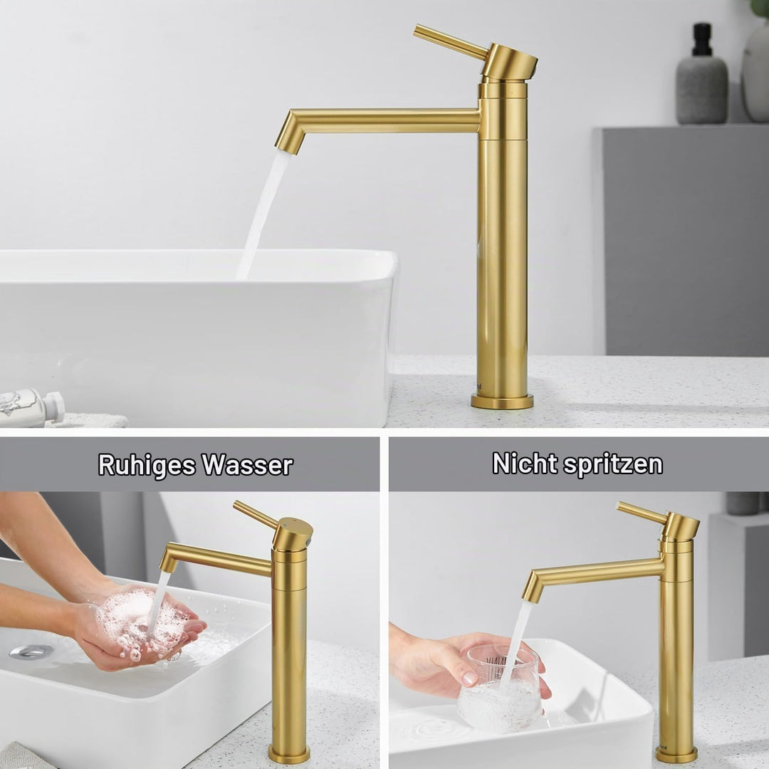 Ulytid Wasserhahn Bad Gold, Waschtischarmatur Hoch Aufsatzwaschbecken 360° Schwenkbar, Armatur Badez