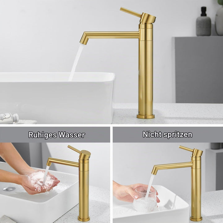 Ulytid Wasserhahn Bad Gold, Waschtischarmatur Hoch Aufsatzwaschbecken 360° Schwenkbar, Armatur Badez