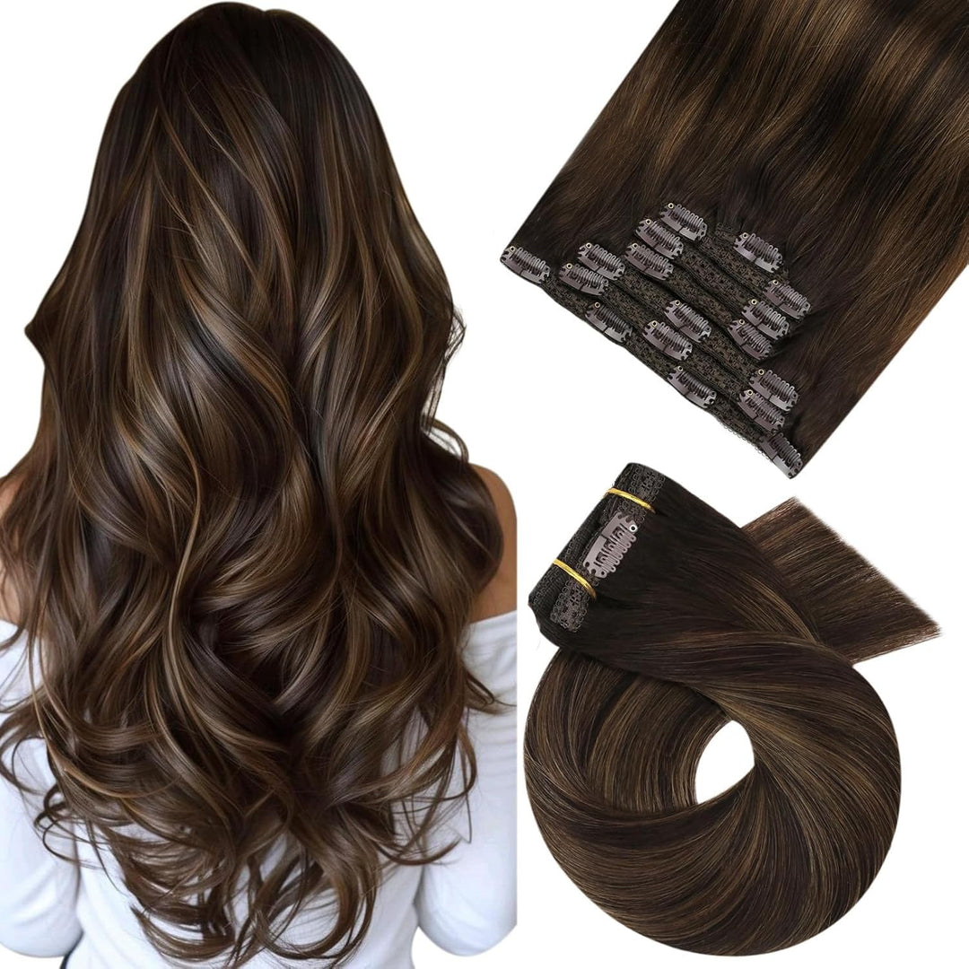 Moresoo Clip in Extensions Braun Balayage Clip in Haarverlängerung Echthaar Ombre Dunkelbraun mit Mi