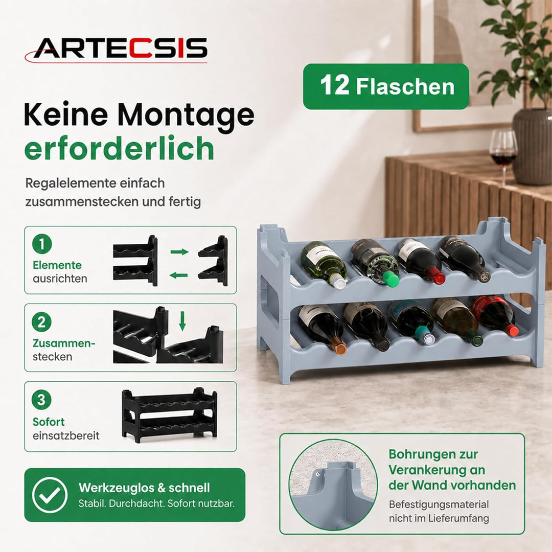 ARTECSIS Weinregal stapelbar Kunststoff für 12 Flaschen, stabiles Flaschenregal in Gastronomie-Quali