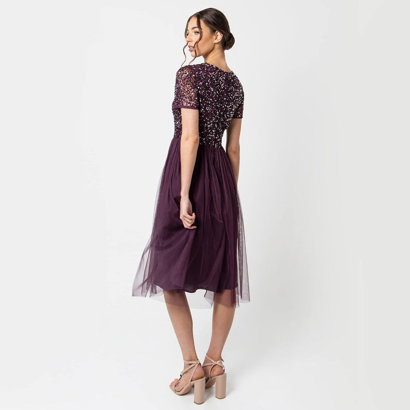 Maya Deluxe Damen Midi-Kleid mit V-Ausschnitt, Verziert Brautjungfernkleid Beere 34, Beere 34