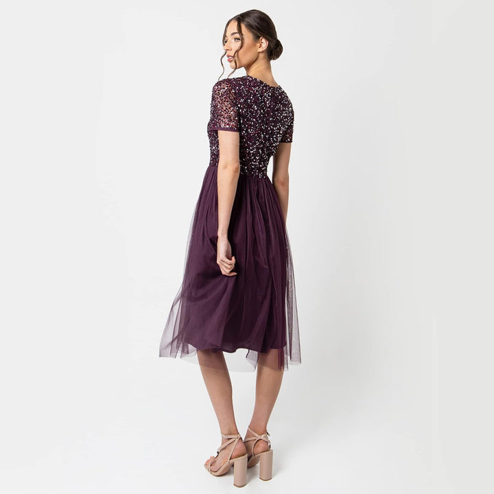 Maya Deluxe Damen Midi-Kleid mit V-Ausschnitt, Verziert Brautjungfernkleid Beere 36, Beere 36