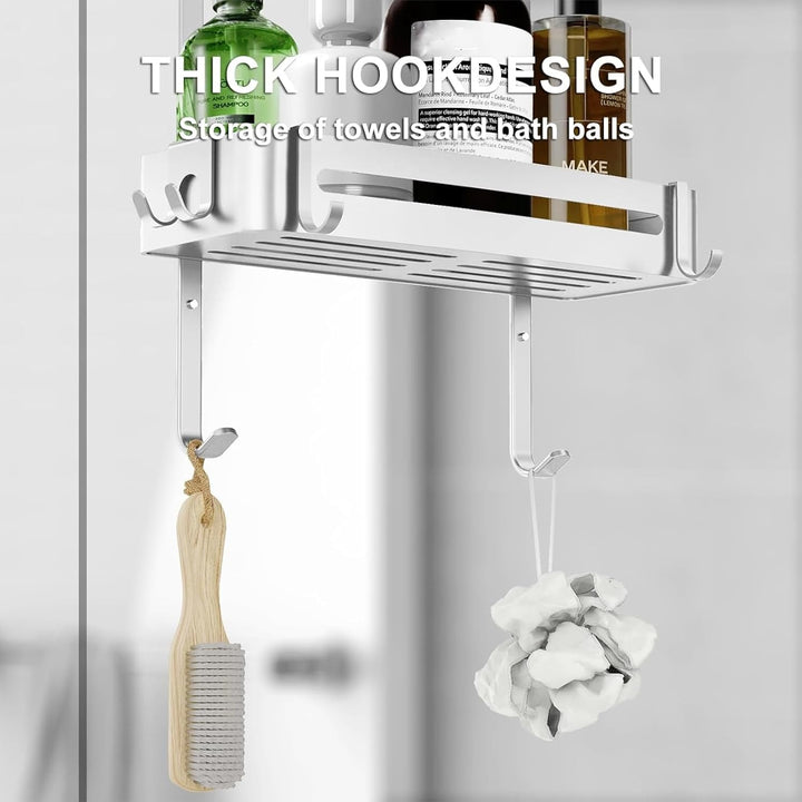 Duschablage zum Hängen,Duschregal Ohne Bohren Silber für Glasduschtüren mit 6 Haken,für die Aufbewah