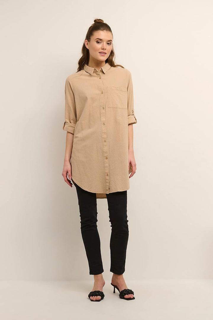 KAFFE KAnaya Shirt Tunic Damen Hemd Langarm Kragen Lang Casual Hemdbluse 34 Classic Sand, 34 Classic