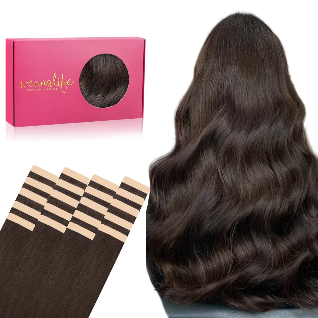 WENNALIFE Tape Extensions Echthaar, 20pcs 40g 30cm 12 Zoll Helles Dunkel Braun Remy Invisible Tape E