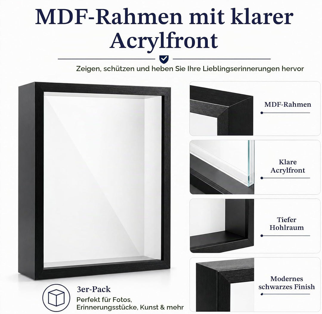 STARVAST 3 Stück 3D Bilderrahmen zum Befüllen, 3D Tief Objektrahmen A4, Schattenbox Vitrine Rahmen m