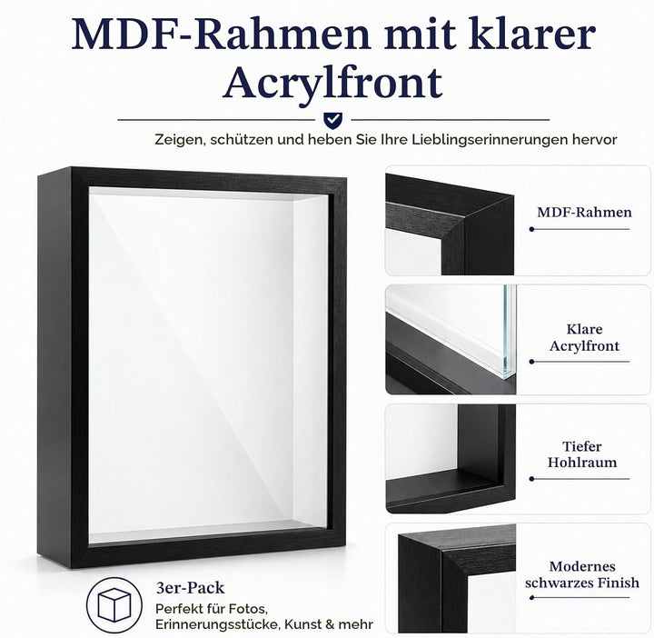 STARVAST 3 Stück 3D Bilderrahmen zum Befüllen, 3D Tief Objektrahmen A4, Schattenbox Vitrine Rahmen m