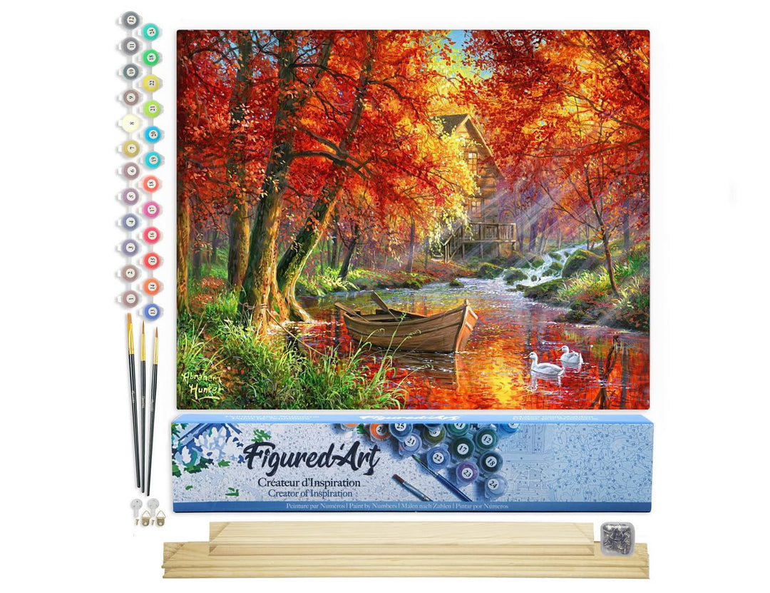 Figured'Art Malen Nach Zahlen Erwachsene Mit Rahmen Boot am Herbstlichen Fluss - Paint by Numbers Ba