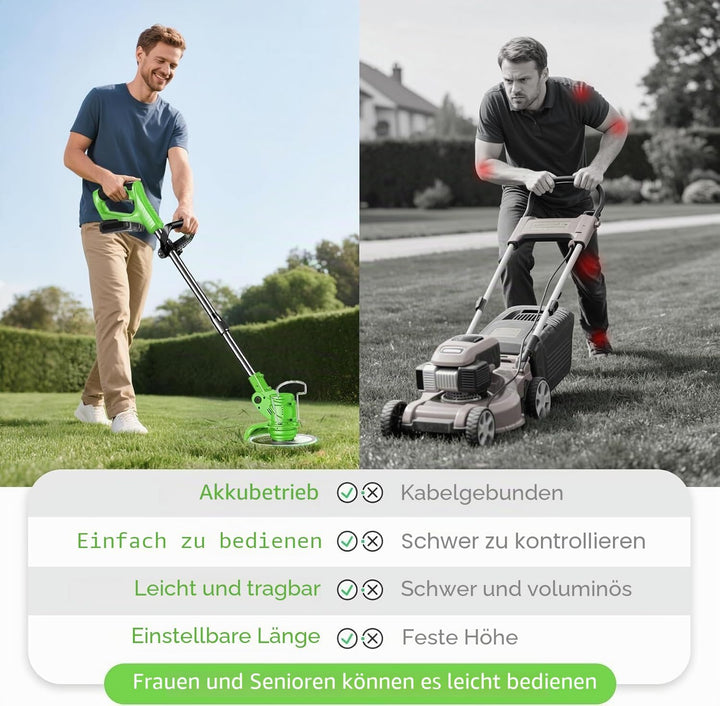 Rasentrimmer mit Akku, 3 in 1 Elektrischer Motorsense mit 2 X 21V 2000 mAh, Freischneider mit 3 Vers