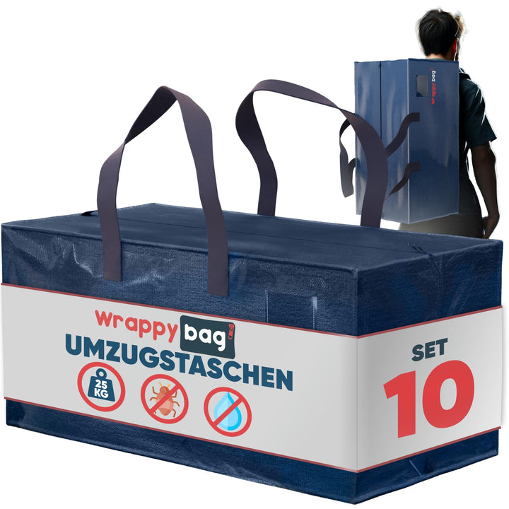 WRAPPYBAG 10er-Set Grosse Kunststoff-Aufbewahrungstaschen – Jumbo XXL Umzugstaschen – Wasserdicht, S