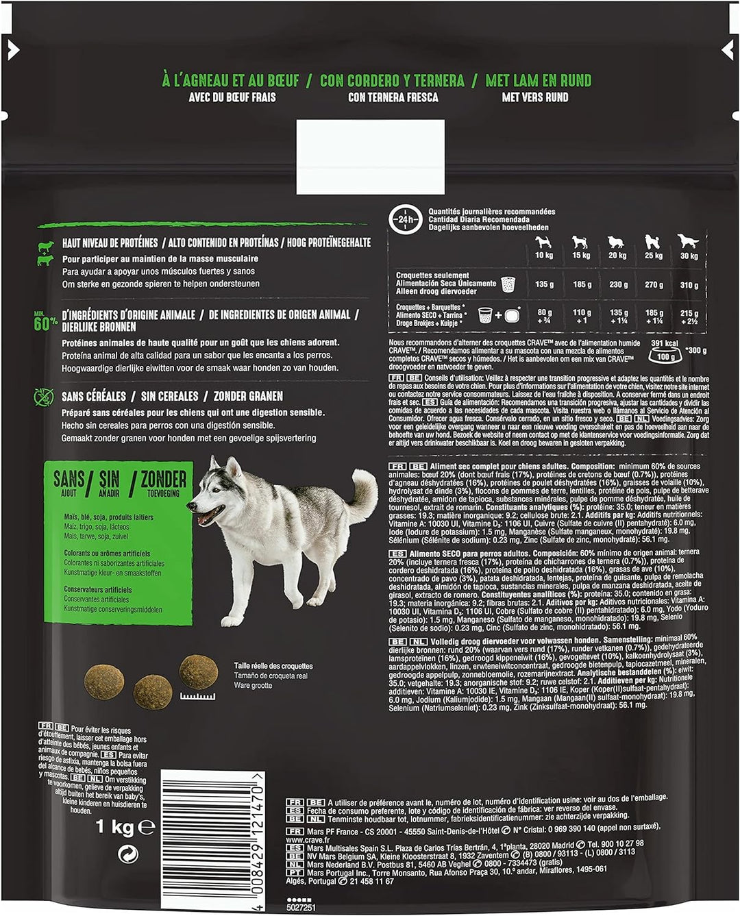 CRAVE Trockenfutter für ausgewachsene Hunde mit Lamm- und Rindfleischgeschmack, 6 Beutel à 1 kg – Tr