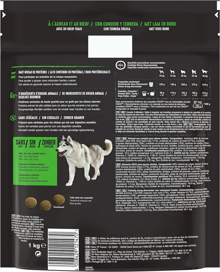 CRAVE Trockenfutter für ausgewachsene Hunde mit Lamm- und Rindfleischgeschmack, 6 Beutel à 1 kg – Tr