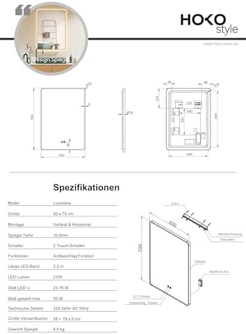 HOKO Antibeschlag LED Badspiegel 50x70 cm / 70x50 cm Louisiana mit Goldener Metallrahmen, HOCH+QUER