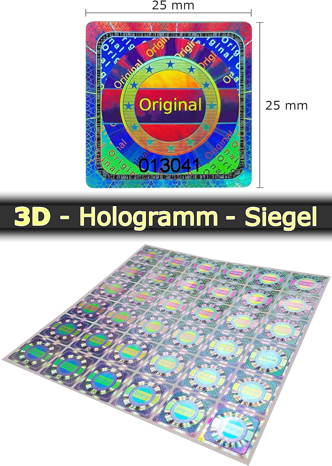 500 Stk - 3D Hologramm Original-Siegel mit Seriennummer - 25mm silber glänzend - Sicherheitssiegel,