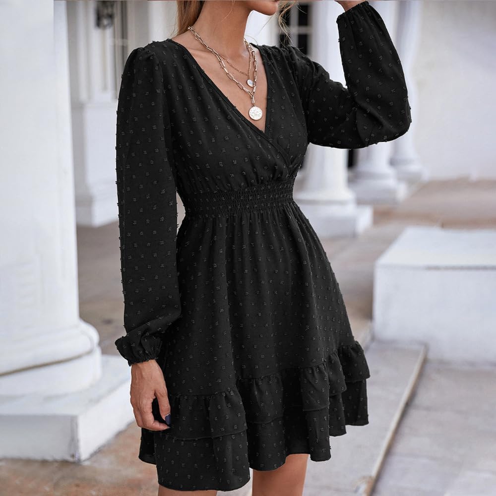 Damen Langarm Kleid V-Ausschnitt Wickelkleid Tunika Kleider Partykleid Sexy Casual Midikleid Elegant