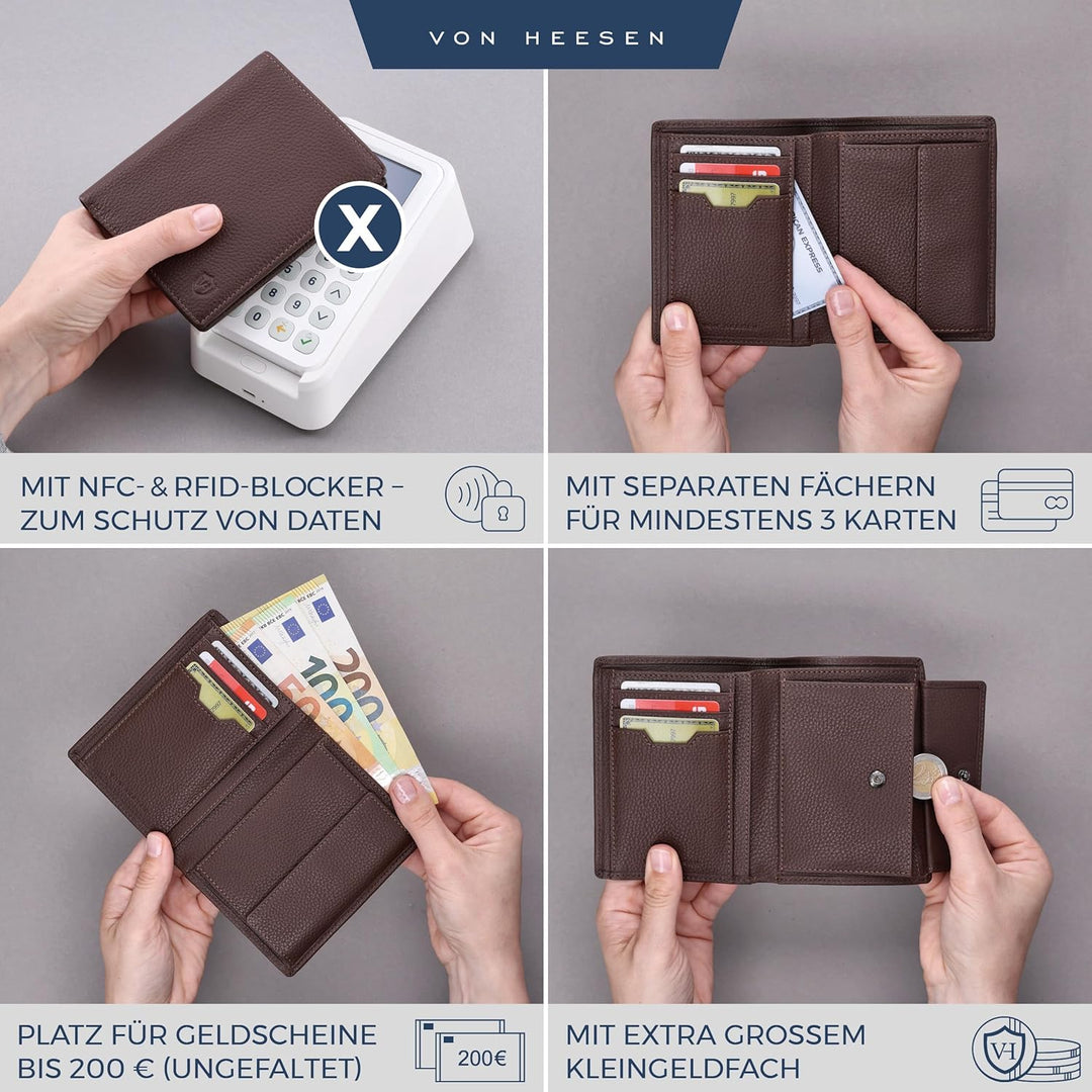 VON HEESEN Leder Geldbörse RFID Schutz I Echtleder Geldbeutel für Damen & Herren I Portemonnaie Brie