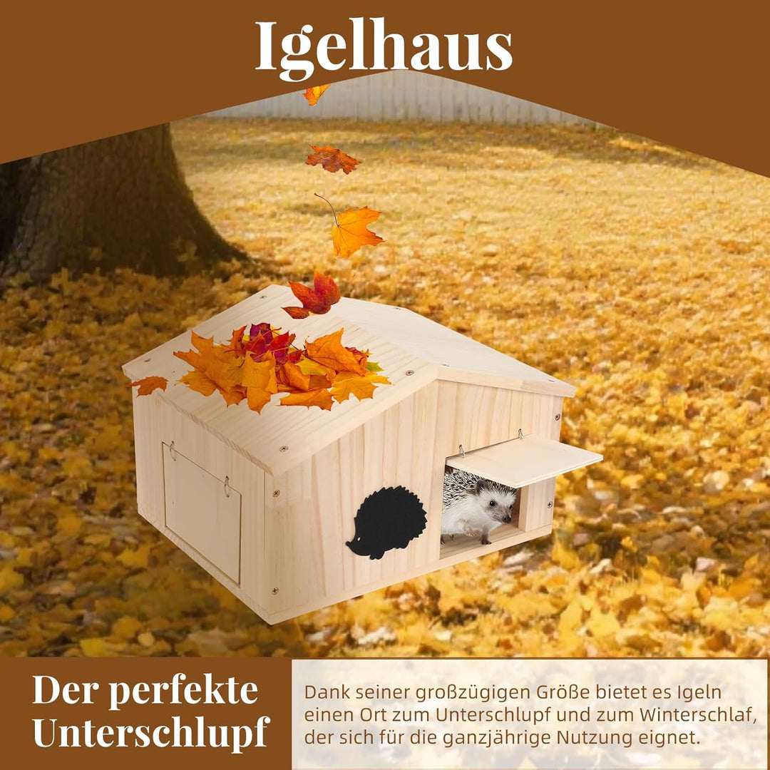 Igelhaus Holz mit Rattenklappe und Boden, Winterfeste Igelhotel mit Labyrintheingang und Schrägem Da
