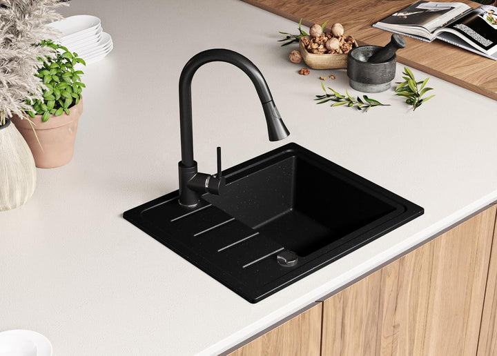 PRIMAGRAN Spülbecken Schwarz Metallic 55x44cm, Granitspüle 1 Becken + Ablauf-Set, Küchenspüle ab 45e