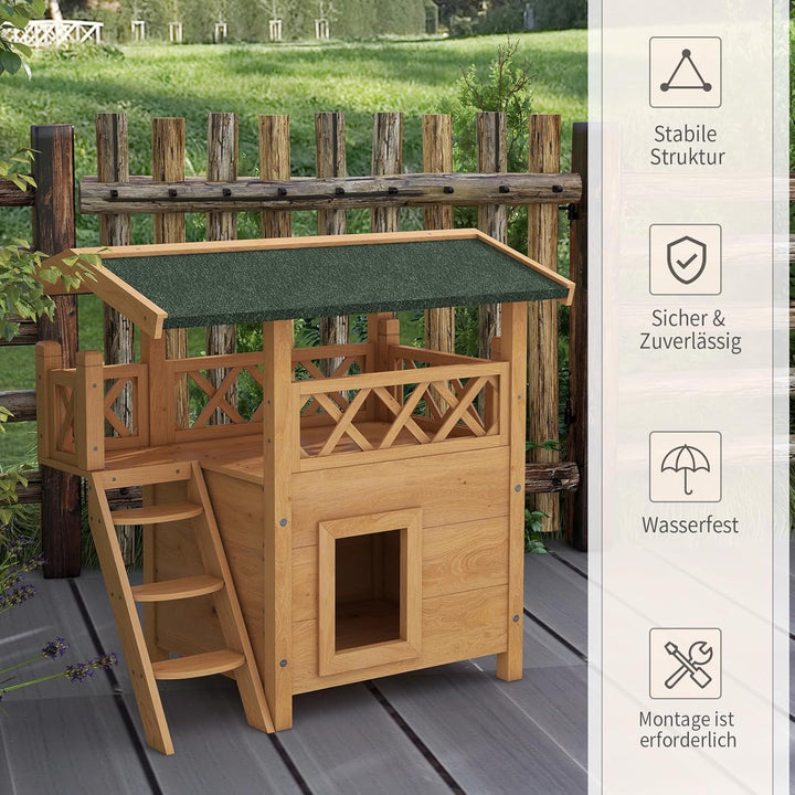 PawHut Katzenhaus aus Holz Winterfest wasserdicht Katzenhütte mit Asphaltdach Terrasse Treppe Katzen