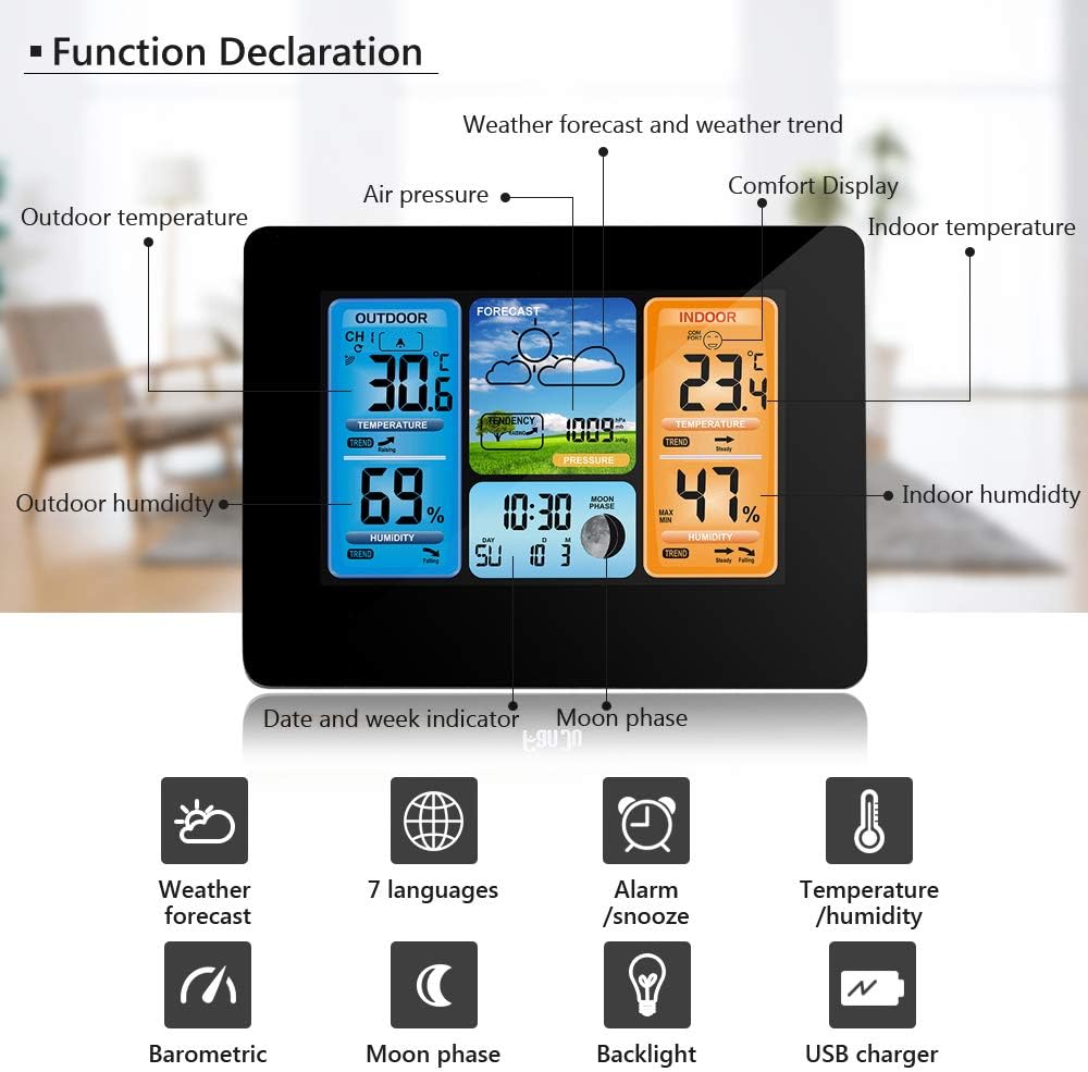 ONEVER Wetterstation, kabellos, digital, Farbvorhersage, mit Alarm und Temperatur/Feuchtigkeit/Barom
