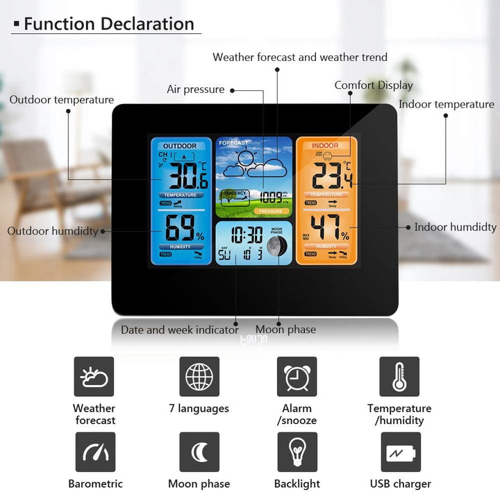 ONEVER Wetterstation, kabellos, digital, Farbvorhersage, mit Alarm und Temperatur/Feuchtigkeit/Barom