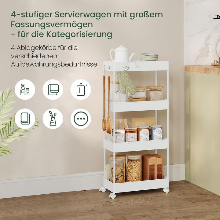 Servierwagen mit 4 Ebenen, Küchenwagen Nischenwagen Nischenregal mit Rollen, durchbrochendem Design,