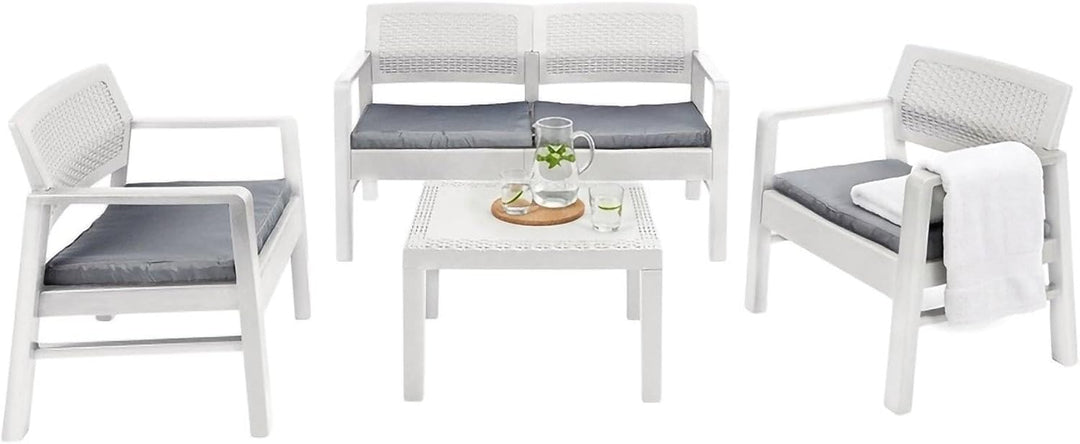 Dmora Indoor- und Outdoor-Lounge bestehend aus: 2 Sesseln, 1 Zweisitzer-Sofa und 1 Couchtisch, mit K