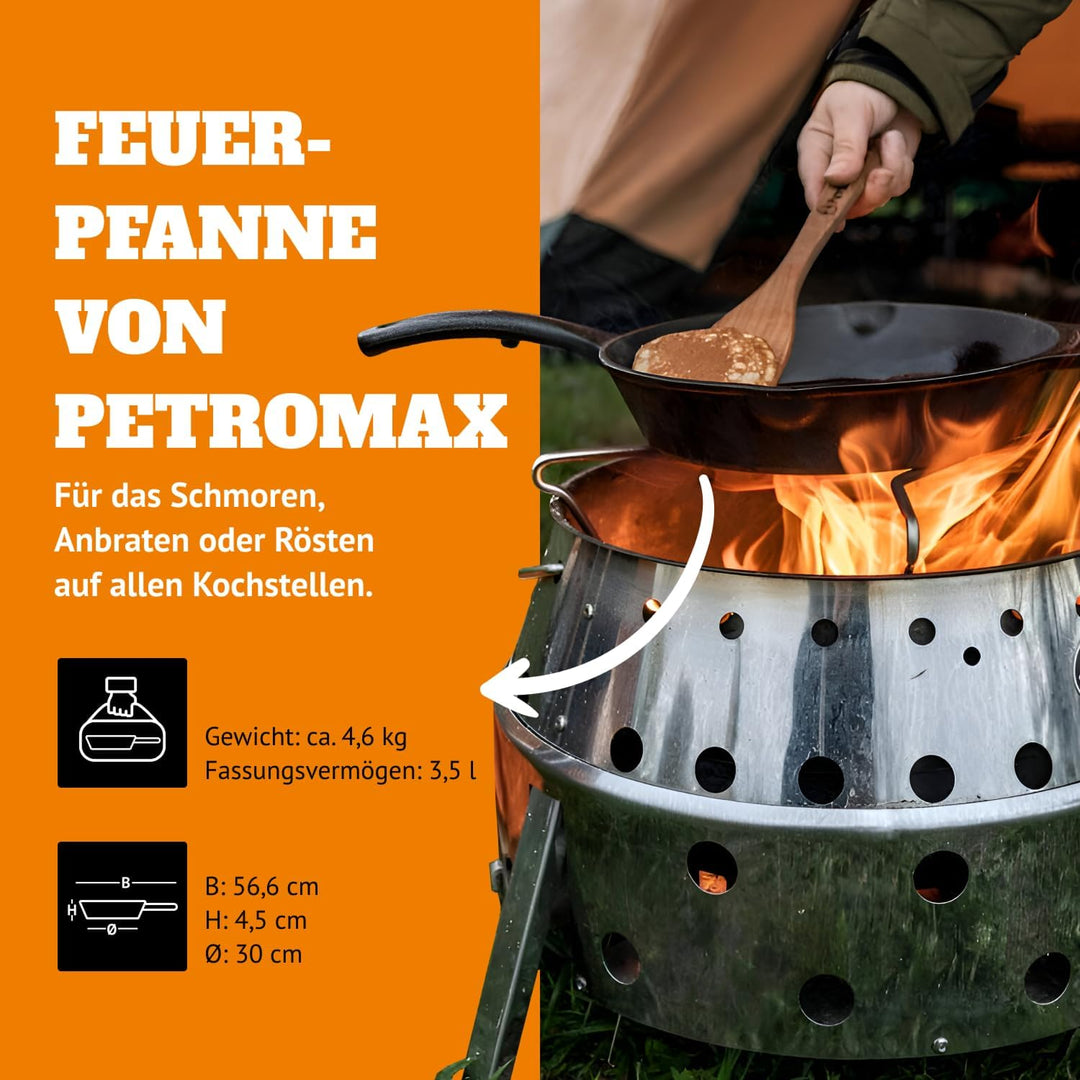 Petromax Feuerpfanne mit Stiel - Pfanne aus Gusseisen für alle Grill- und Herdarten, Gasflamme, Back