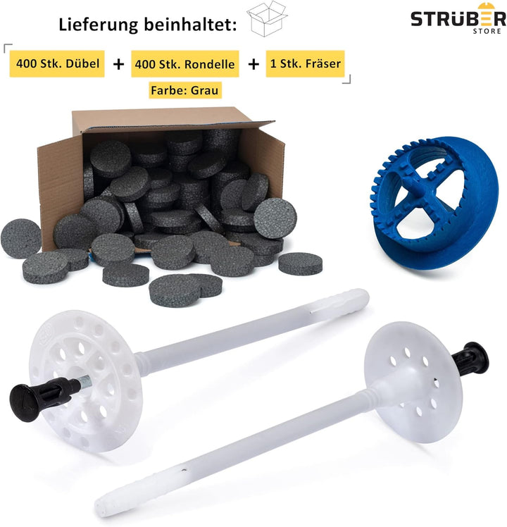 STRÜBER WDVS SET (Ø10x120mm Dämmstoffdübel mit Metalldorn 400St + Grau Styropor Rondelle 400St + Sty