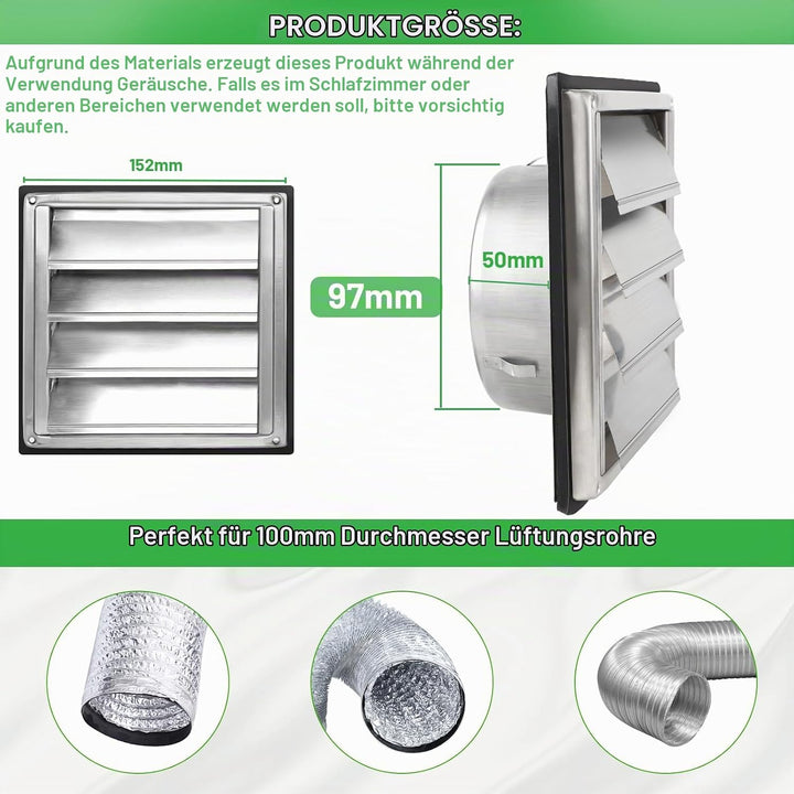 LALAGO Lüftungsgitter 100mm, Rückstauklappe Wetterschutzgitter Edelstahl mit beweglichen Lamellen, L