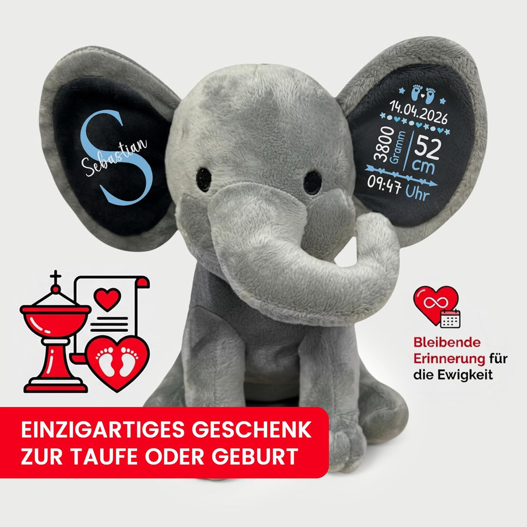 Plüschtier - Personalisiertes Babygeschenk zur Geburt Junge DEKO Elefant Kuscheltier mit Geburtsdate