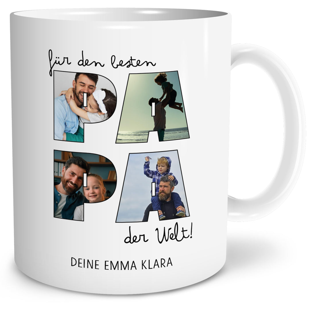 OWLBOOK® Tasse Bester Papa mit 4 Fotos & Spruch selbst gestalten | Fototasse mit eigenem Bild & Text