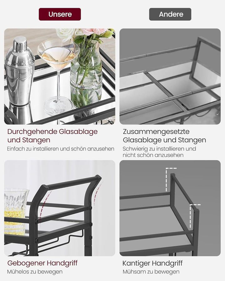 VASAGLE Servierwagen, 3 Ebenen, Rollwagen, mit Rollen, Griffen, verspiegelte Glasablagen, für kleine