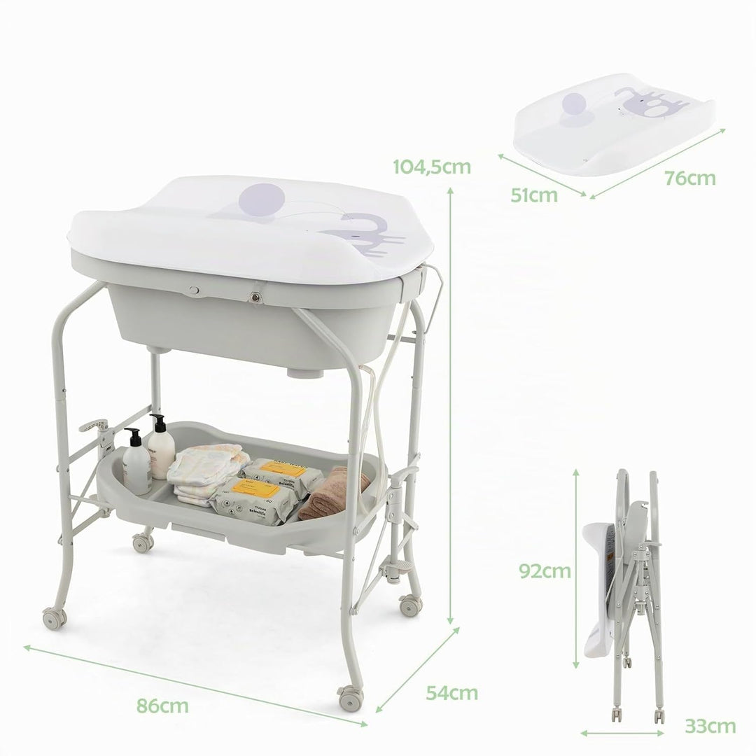LIFEZEAL Wickeltisch mit Badewanne, 2 in 1 Flatbare Bade-Wickelkombination auf Räder, Badewannenaufs