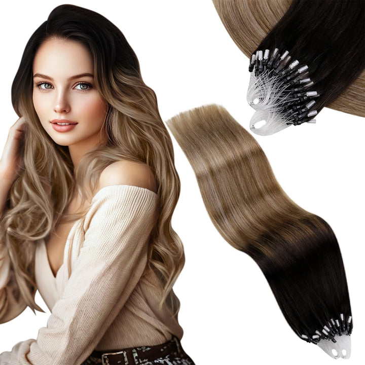 Vivien Microring Extensions Echthaar Balayage Schwarz 35cm Micro Beads Extensions Menschliches Haar