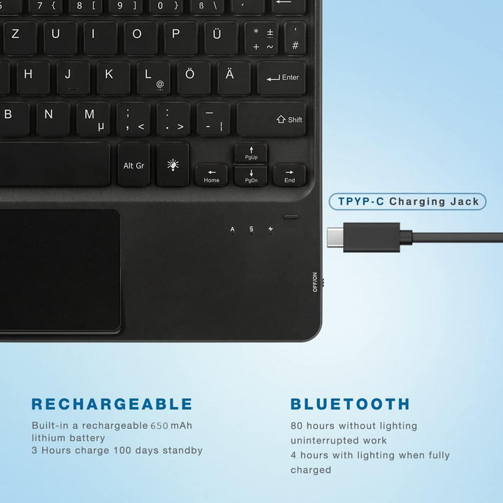 Tastatur Bluetooth Tablet mit Touchpad Beleuchtete wiederaufladbare QWERTZ Tastatur Kabellose Tastat