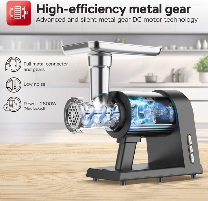 TurboTronic Elektrischer Fleischwolf Samurai – 2600W beste Maschine mit Spritzgepäckvorsatz Metallge