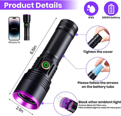 LEKIA 365nm UV Taschenlampe, 20W Leistungsstarke UV Lampe Type-C USB Aufladbar UV Licht Schwarzlicht