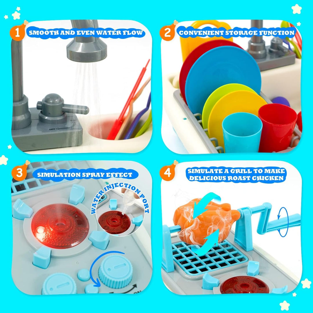 Küchenspüle Spielzeug,Küchenspüle Spielzeug Set mit Wasserkreislauf und Grillfunktion, Spülbecken fü